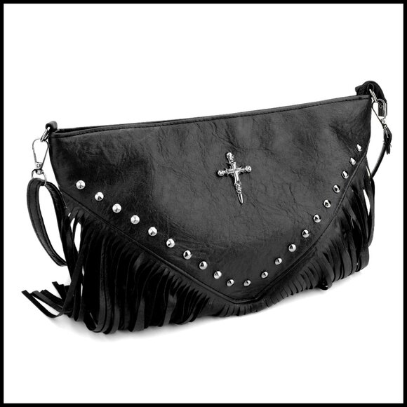 Handbags - Goth Punk Crossbody Bag Studded Rivet Fringe PU Leather Shoulder Purse